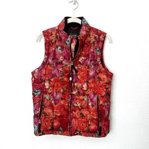 [Eddie Bauer] Pink Orange Floral Print Goose Down Filled Puffer Vest Sz Small S